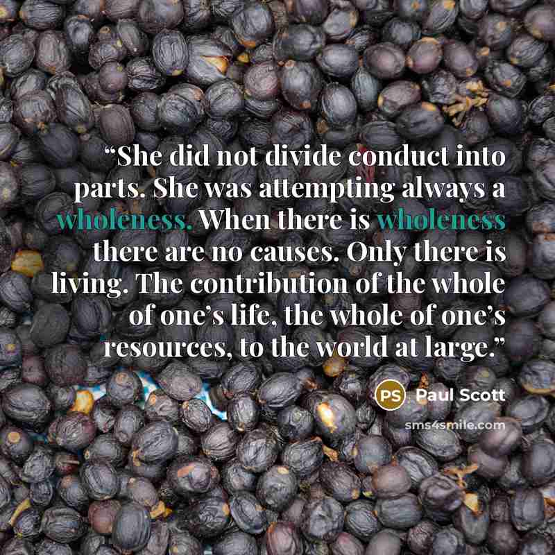 “She did not divide conduct into parts. She was attempting always a wholeness. When there is wholeness there are no causes. Only there is living. The contribution of the whole of one’s life, the whole of one’s resources, to the world at large.” quote by Paul Scott