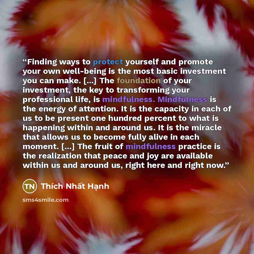 “Finding ways to protect yourself and promote your own well-being is the most basic investment you can make. [...] The foundation of your investment, the key to transforming your professional life, is mindfulness. Mindfulness is the energy of attention. It is the capacity in each of us to be…” quote by Thich Nhat Hanh