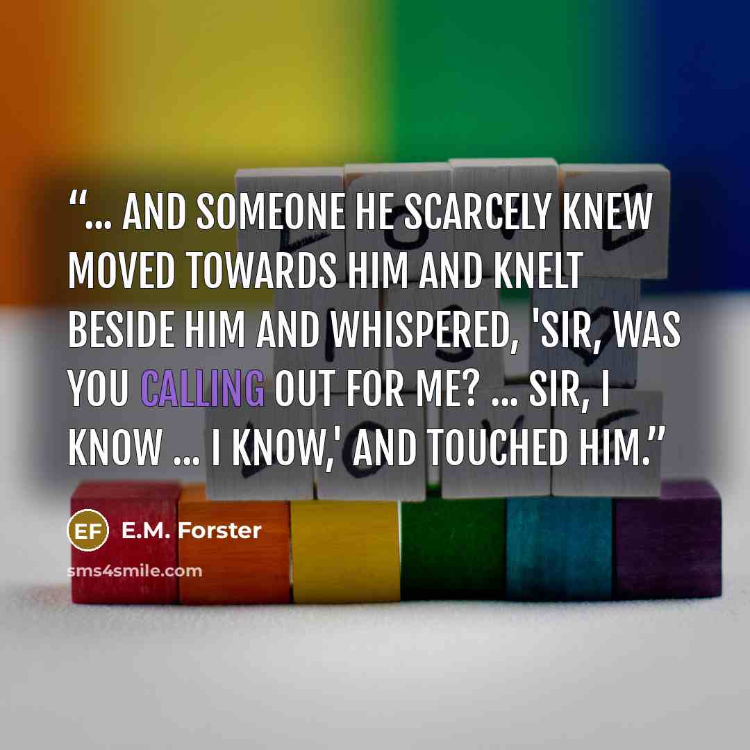 “... and someone he scarcely knew moved towards him and knelt beside him and whispered, 'Sir, was you calling out for me? ... Sir, I know ... I know,' and touched him.” quote by E.M. Forster