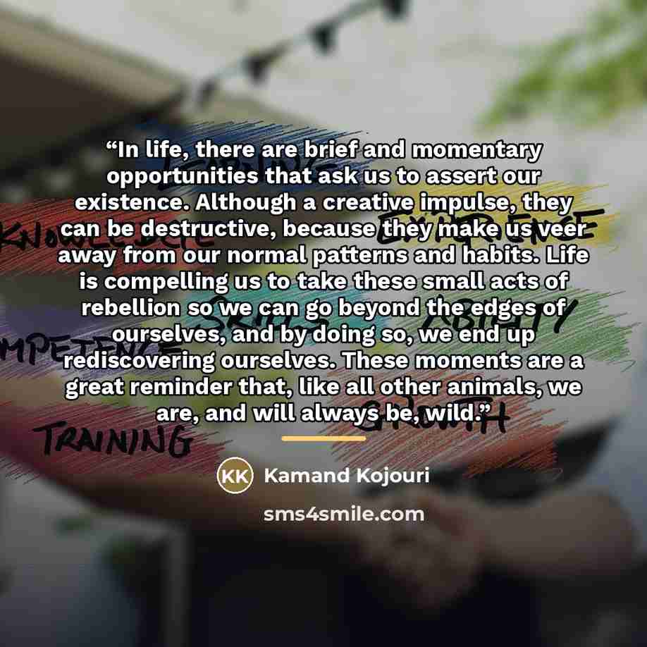 “In life, there are brief and momentary opportunities that ask us to assert our existence. Although a creative impulse, they can be destructive, because they make us veer away from our normal patterns and habits. Life is compelling us to take these small acts of rebellion so we can go beyond the…” quote by Kamand Kojouri