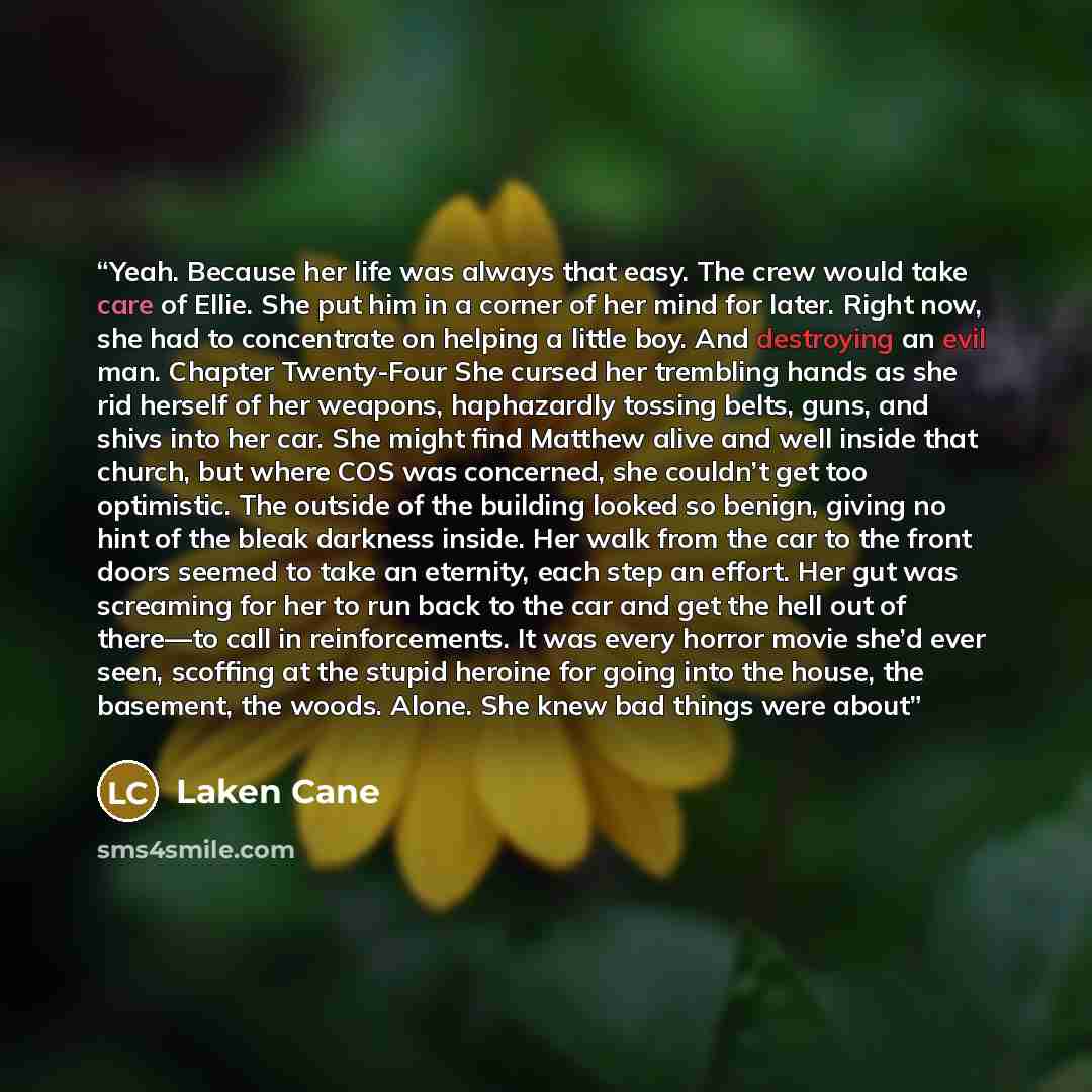 “Yeah. Because her life was always that easy. The crew would take care of Ellie. She put him in a corner of her mind for later. Right now, she had to concentrate on helping a little boy. And destroying an evil man. Chapter Twenty-Four She cursed her trembling hands as she rid herself of her…” quote by Laken Cane
