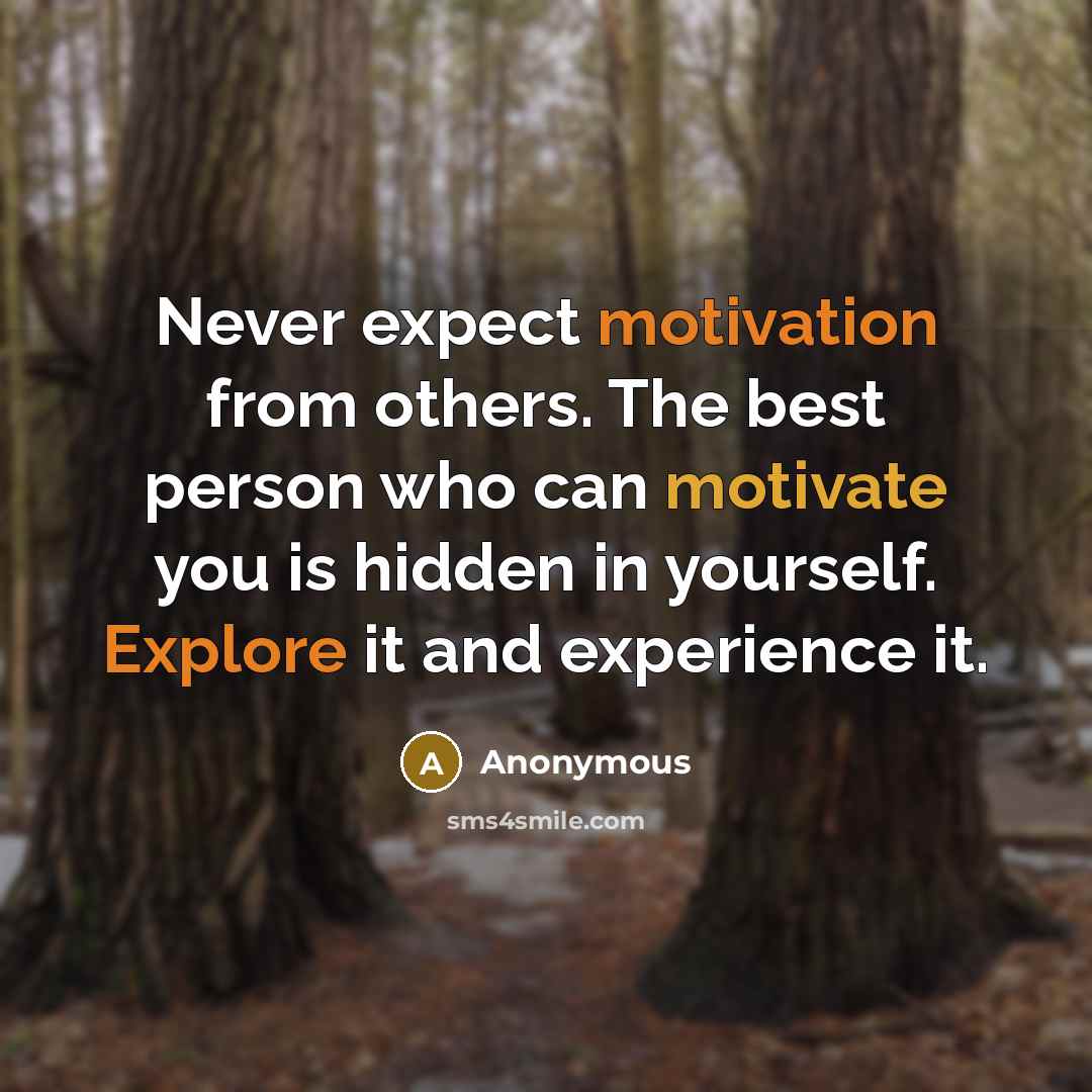 “Never expect motivation from others. The best person who can motivate you is hidden in yourself. Explore it and experience it.” quote by Anonymous