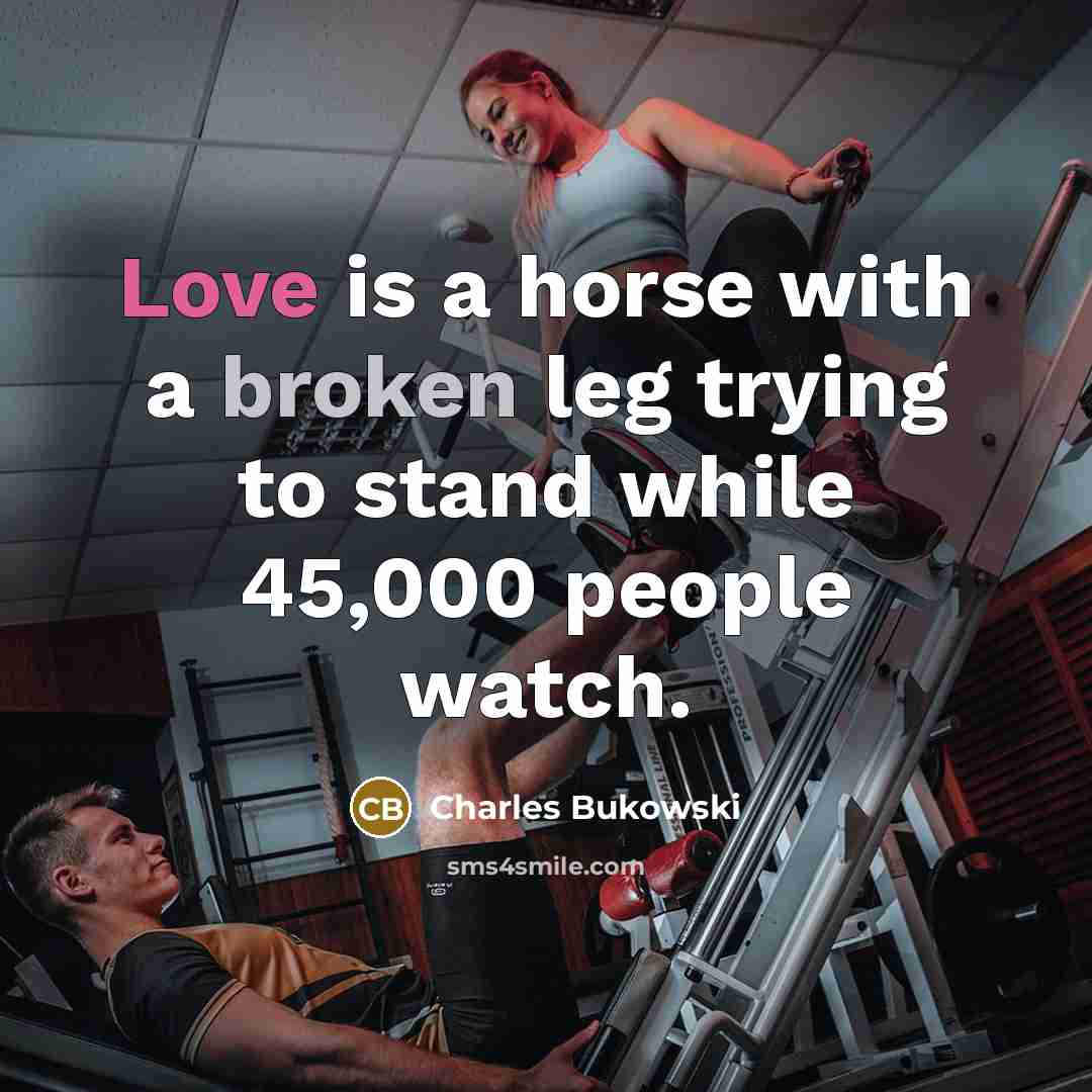 “Love is a horse with a broken leg trying to stand while 45,000 people watch.” quote by Charles Bukowski