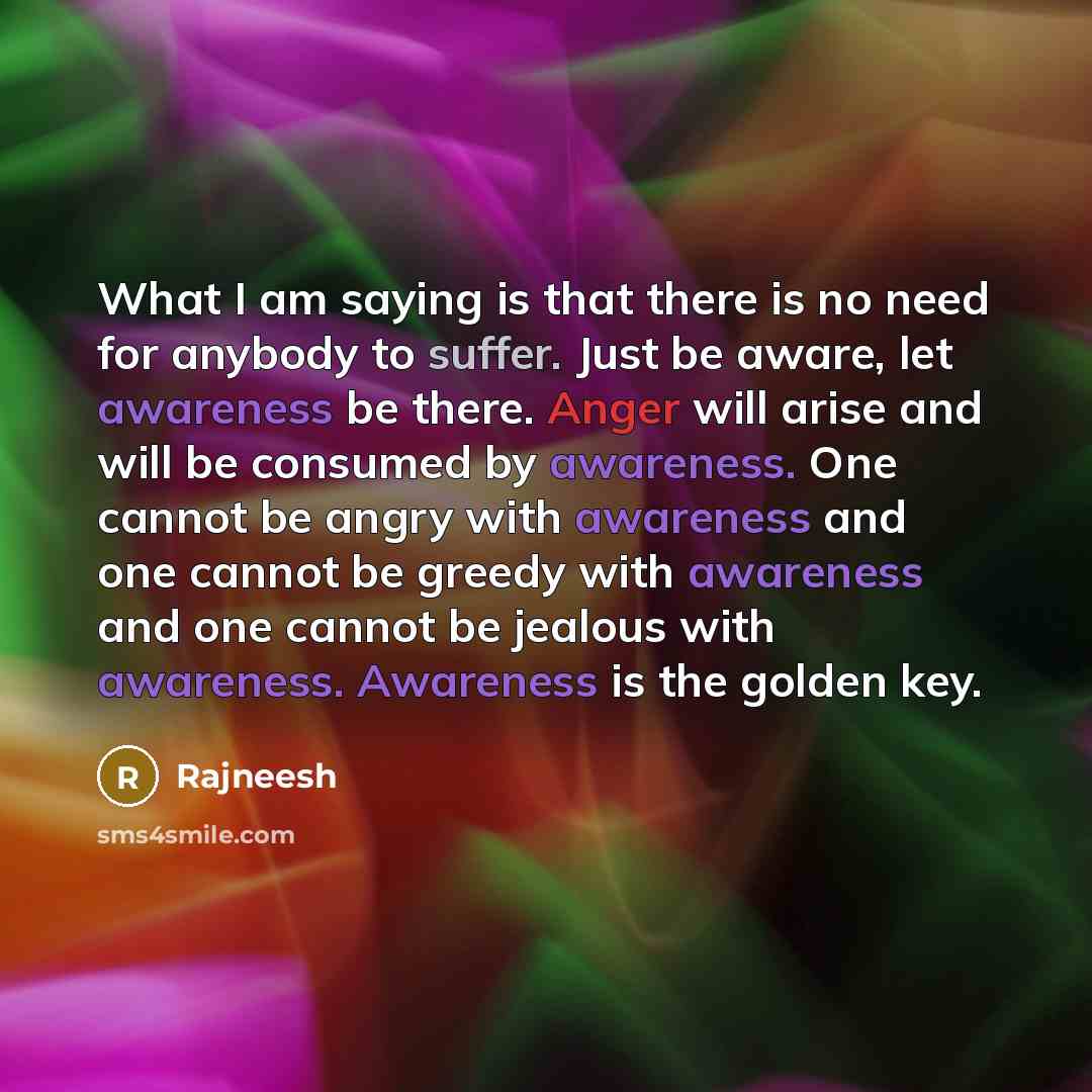 “What I am saying is that there is no need for anybody to suffer. Just be aware, let awareness be there. Anger will arise and will be consumed by awareness. One cannot be angry with awareness and one cannot be greedy with awareness and one cannot be jealous with awareness. Awareness is the golden…” quote by Rajneesh