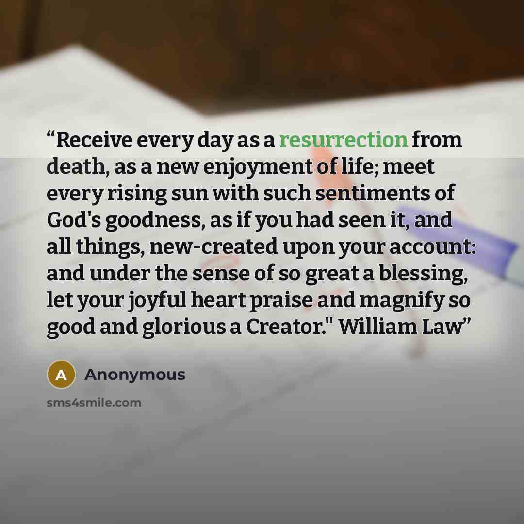 “Receive every day as a resurrection from death, as a new enjoyment of life; meet every rising sun with such sentiments of God's goodness, as if you had seen it, and all things, new-created upon your account: and under the sense of so great a blessing, let your joyful heart praise and magnify so…” quote by Anonymous