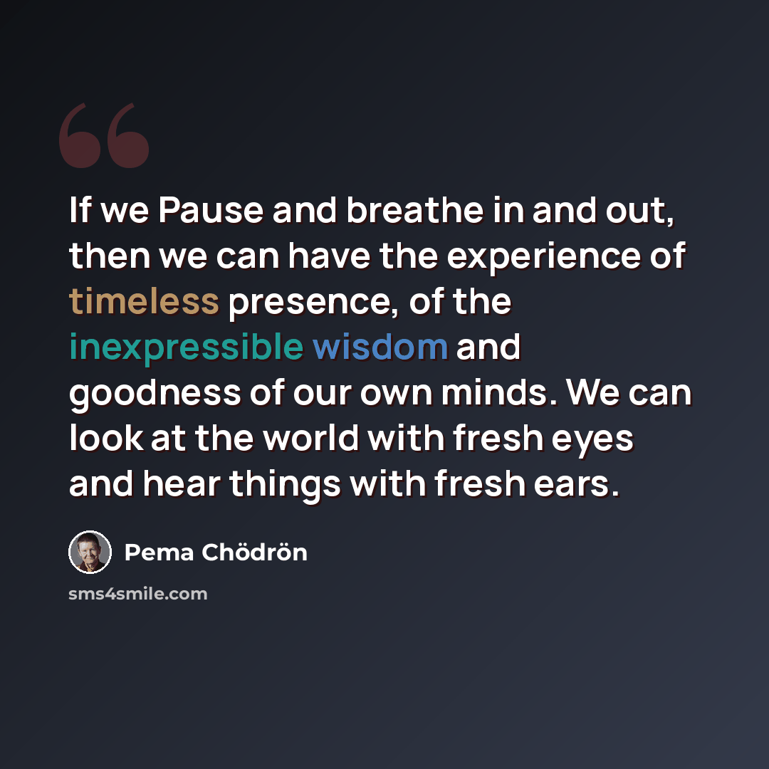 “If we Pause and breathe in and out, then we can have the experience of timeless presence, of the inexpressible wisdom and goodness of our own minds. We can look at the world with fresh eyes and hear things with fresh ears.” quote by Pema Chodron