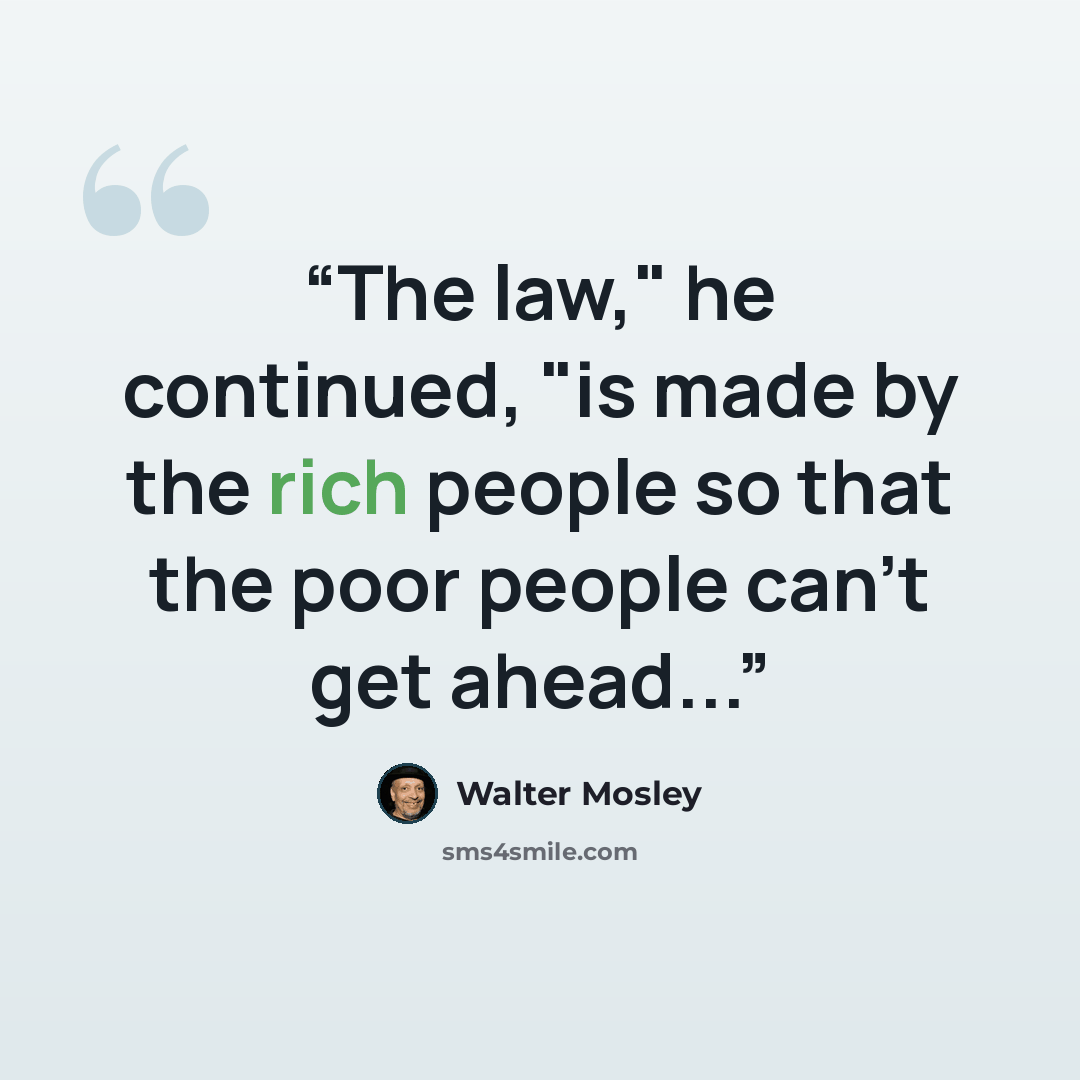 “The law," he continued, "is made by the rich people so that the poor people can't get ahead...” quote by Walter Mosley