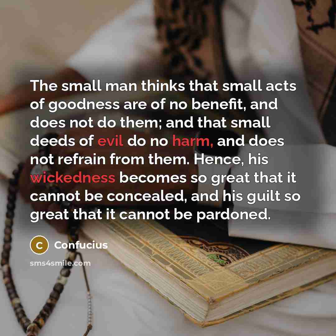 “The small man thinks that small acts of goodness are of no benefit, and does not do them; and that small deeds of evil do no harm, and does not refrain from them. Hence, his wickedness becomes so great that it cannot be concealed, and his guilt so great that it cannot be pardoned.” quote by Confucius