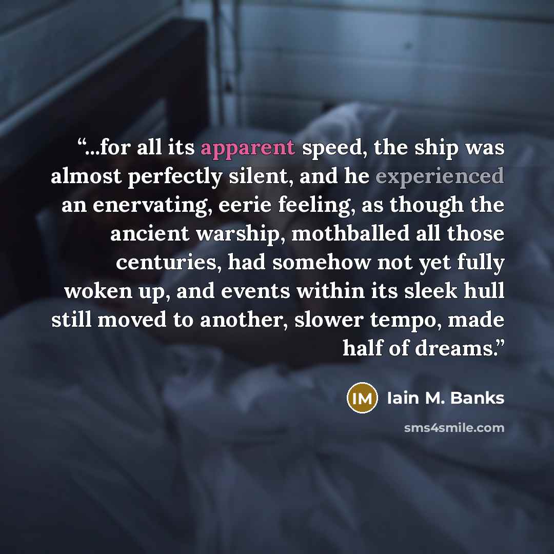“...for all its apparent speed, the ship was almost perfectly silent, and he experienced an enervating, eerie feeling, as though the ancient warship, mothballed all those centuries, had somehow not yet fully woken up, and events within its sleek hull still moved to another, slower tempo, made half…” quote by Iain M. Banks