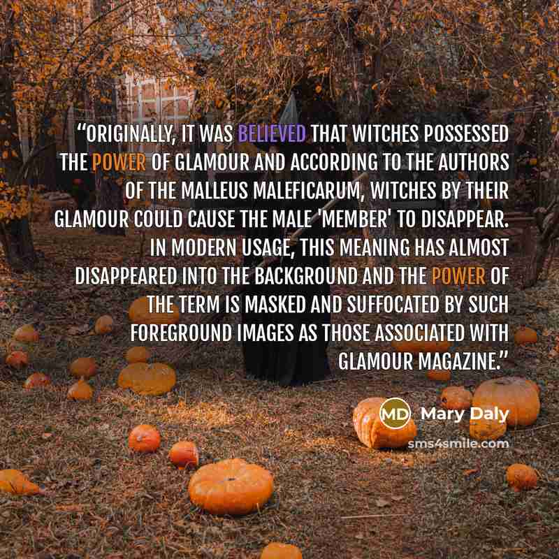 “Originally, it was believed that witches possessed the power of glamour and according to the authors of the Malleus Maleficarum, witches by their glamour could cause the male 'member' to disappear. In modern usage, this meaning has almost disappeared into the background and the power of the term…” quote by Mary Daly
