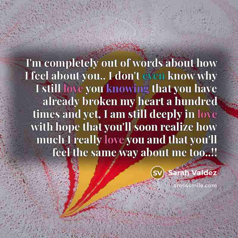 “I'm completely out of words about how I feel about you.. I don't even know why I still love you knowing that you have already broken my heart a hundred times and yet, I am still deeply in love with hope that you'll soon realize how much I really love you and that you'll feel the same way about me…” quote by Sarah Valdez