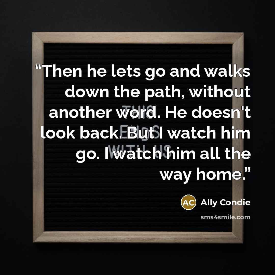 “Then he lets go and walks down the path, without another word. He doesn't look back. But I watch him go. I watch him all the way home.” quote by Ally Condie