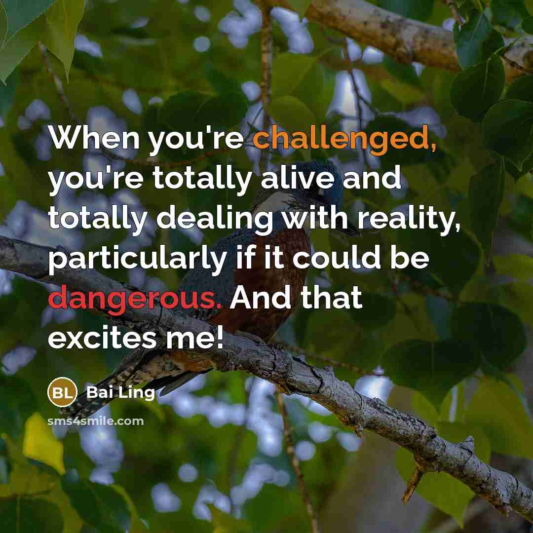 “When you're challenged, you're totally alive and totally dealing with reality, particularly if it could be dangerous. And that excites me!” quote by Bai Ling