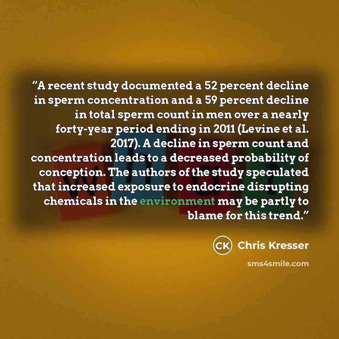 “A recent study documented a 52 percent decline in sperm concentration and a 59 percent decline in total sperm count in men over a nearly forty-year period ending in 2011 (Levine et al. 2017). A decline in sperm count and concentration leads to a decreased probability of conception. The authors of…” quote by Chris Kresser