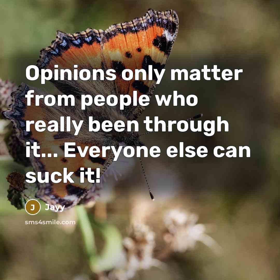 “Opinions only matter from people who really been through it... Everyone else can suck it!” quote by Jayy