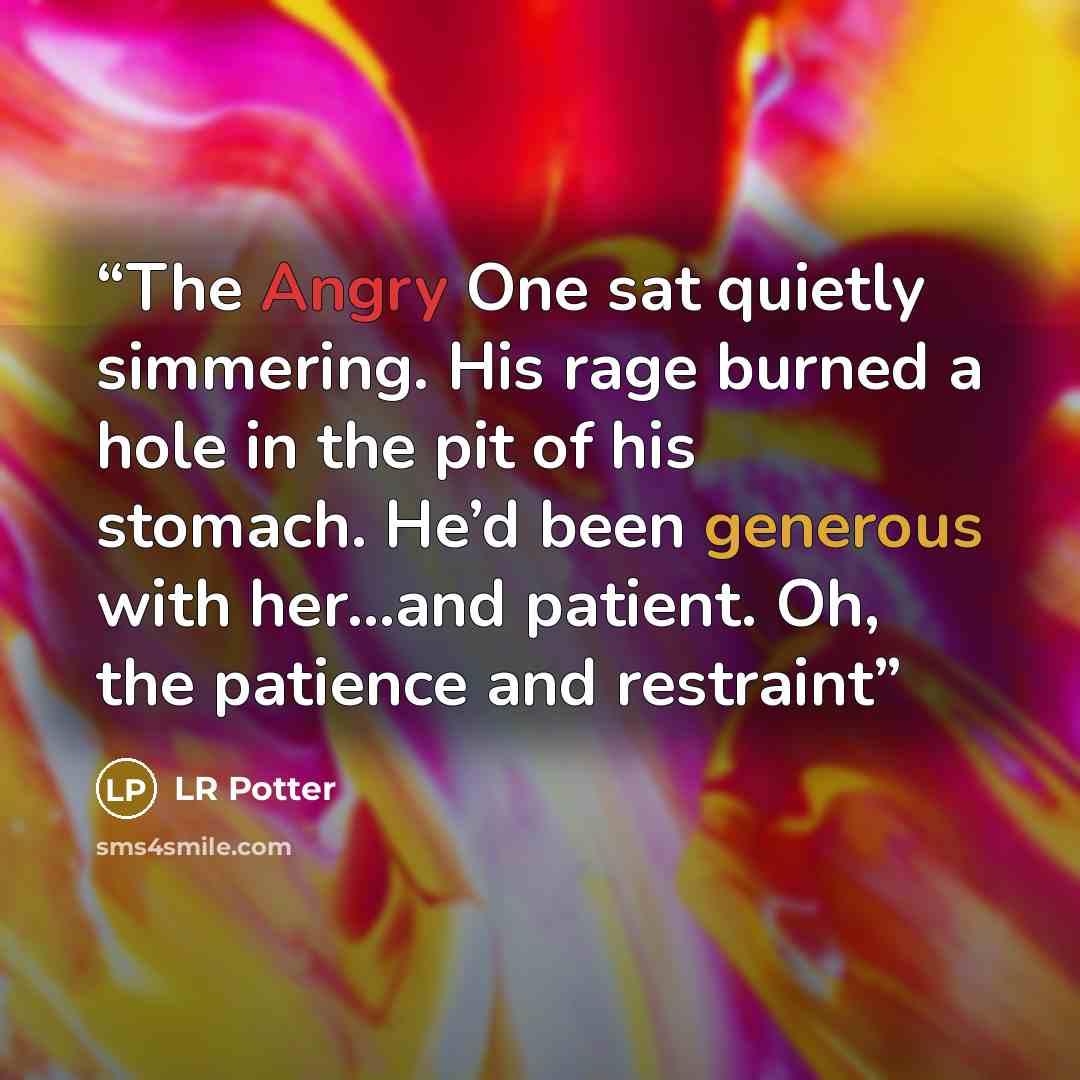 “The Angry One sat quietly simmering. His rage burned a hole in the pit of his stomach. He’d been generous with her...and patient. Oh, the patience and restraint” quote by LR Potter