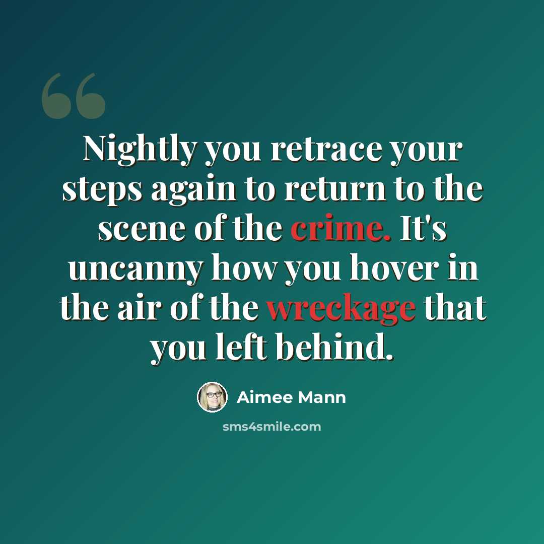 “Nightly you retrace your steps again to return to the scene of the crime. It's uncanny how you hover in the air of the wreckage that you left behind.” quote by Aimee Mann