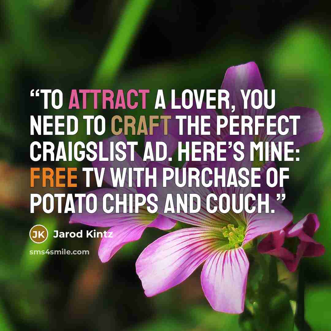 “To attract a lover, you need to craft the perfect Craigslist ad. Here’s mine: Free TV with purchase of potato chips and couch.” quote by Jarod Kintz
