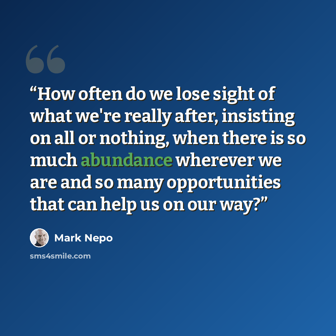 “How often do we lose sight of what we're really after, insisting on all or nothing, when there is so much abundance wherever we are and so many opportunities that can help us on our way?” quote by Mark Nepo