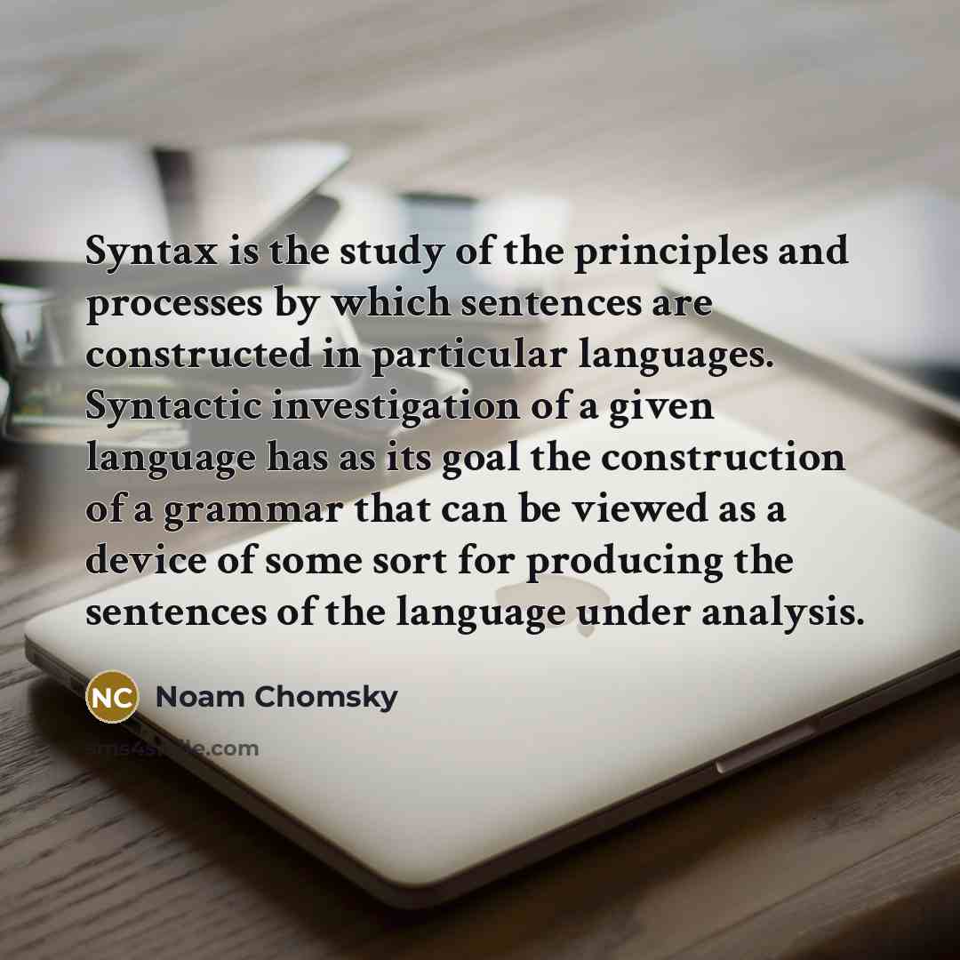 “Syntax is the study of the principles and processes by which sentences are constructed in particular languages. Syntactic investigation of a given language has as its goal the construction of a grammar that can be viewed as a device of some sort for producing the sentences of the language under…” quote by Noam Chomsky