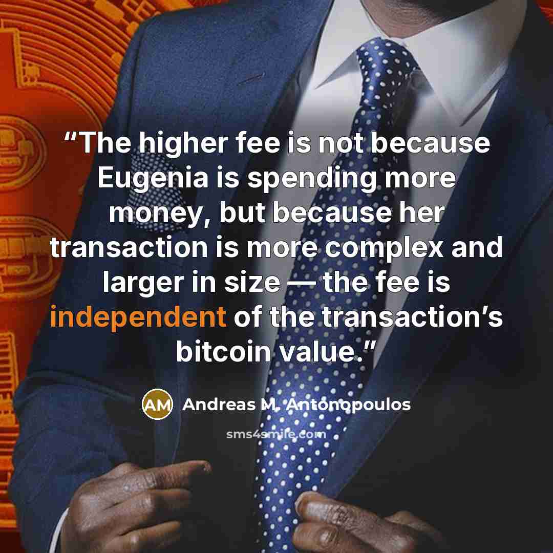 “The higher fee is not because Eugenia is spending more money, but because her transaction is more complex and larger in size — the fee is independent of the transaction’s bitcoin value.” quote by Andreas M. Antonopoulos