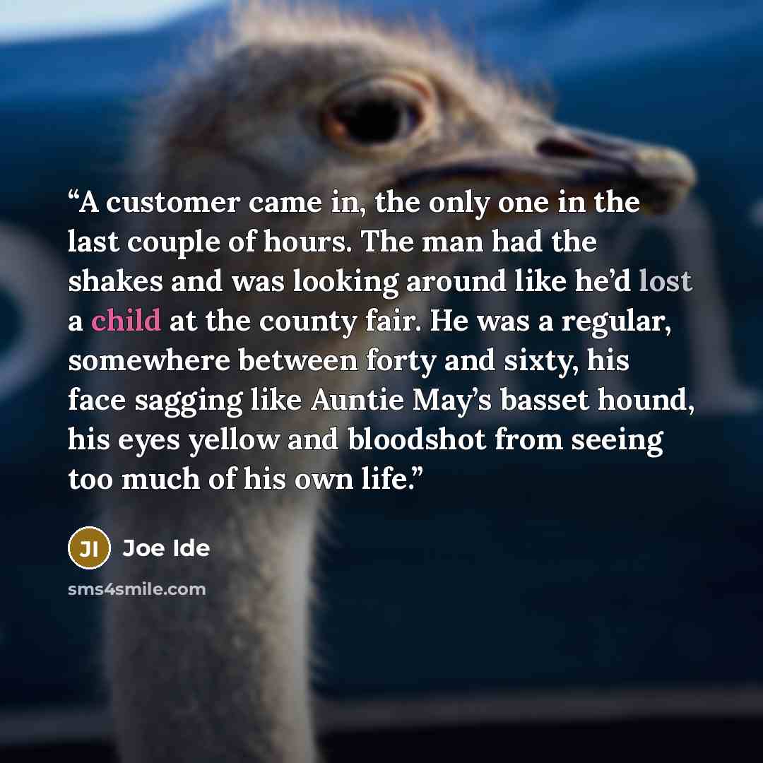 “A customer came in, the only one in the last couple of hours. The man had the shakes and was looking around like he’d lost a child at the county fair. He was a regular, somewhere between forty and sixty, his face sagging like Auntie May’s basset hound, his eyes yellow and bloodshot from seeing too…” quote by Joe Ide