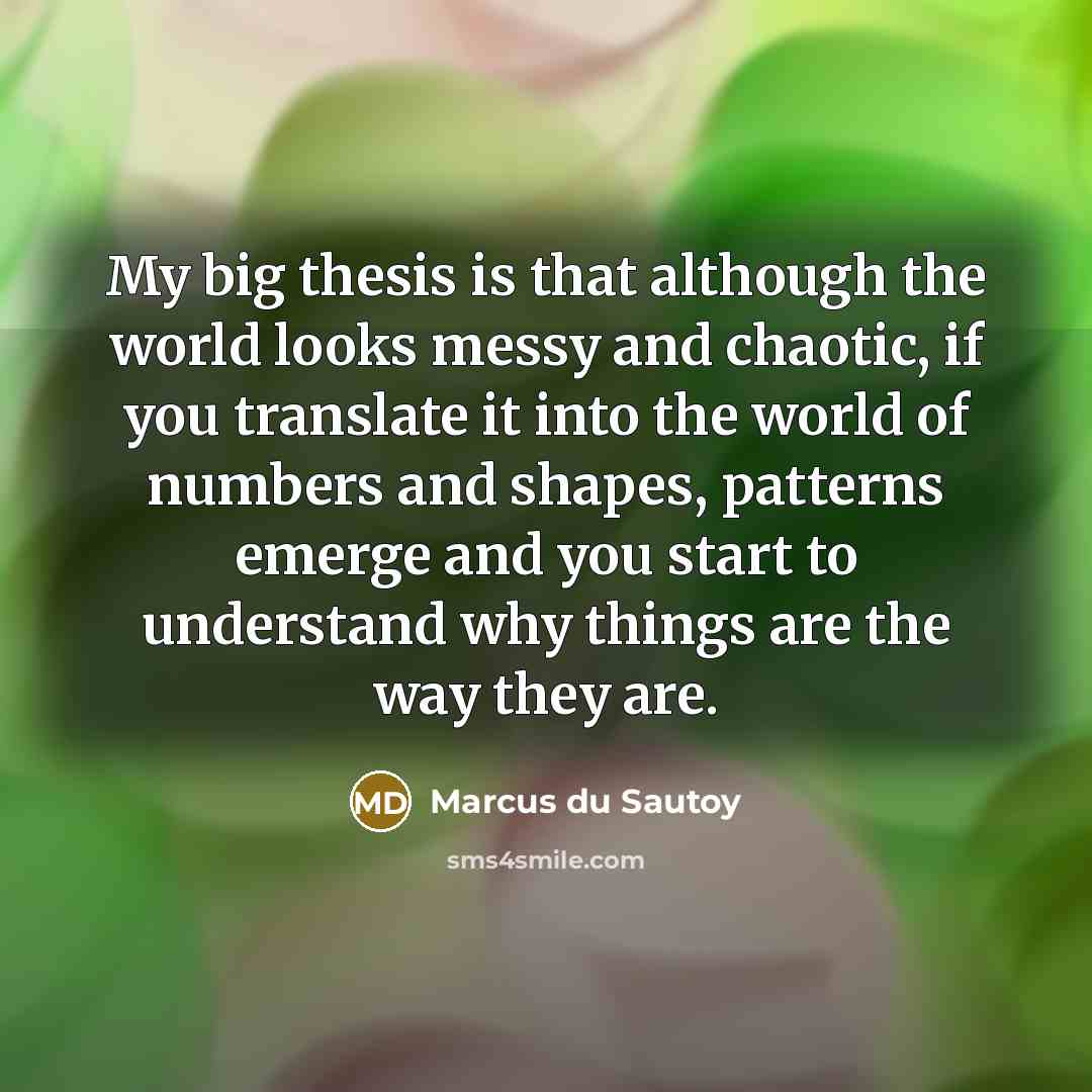“My big thesis is that although the world looks messy and chaotic, if you translate it into the world of numbers and shapes, patterns emerge and you start to understand why things are the way they are.” quote by Marcus du Sautoy