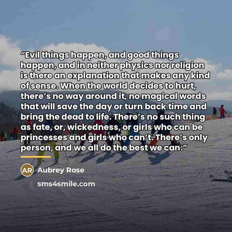“Evil things happen, and good things happen, and in neither physics nor religion is there an explanation that makes any kind of sense. When the world decides to hurt, there’s no way around it, no magical words that will save the day or turn back time and bring the dead to life. There’s no such…” quote by Aubrey Rose