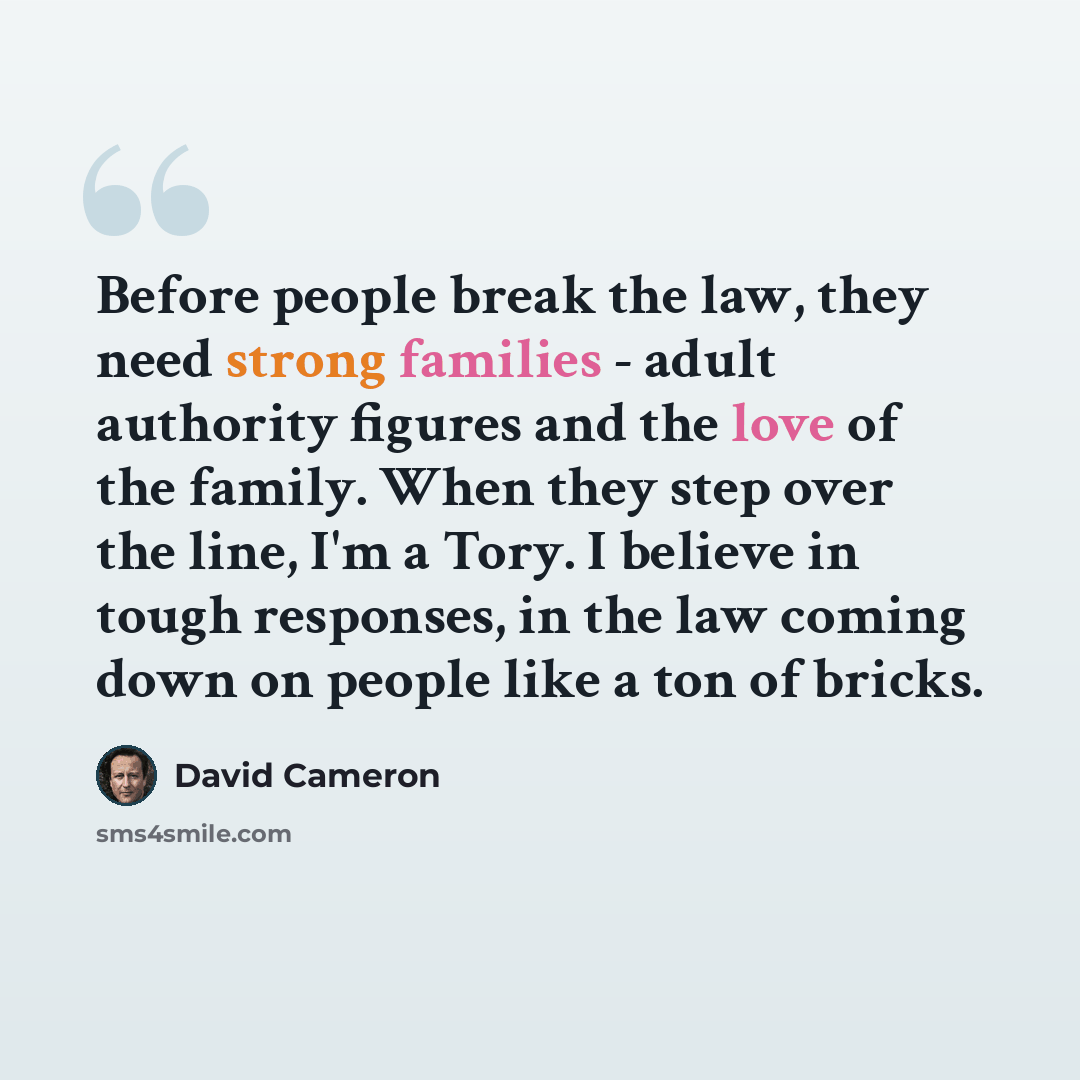 “Before people break the law, they need strong families - adult authority figures and the love of the family. When they step over the line, I'm a Tory. I believe in tough responses, in the law coming down on people like a ton of bricks.” quote by David Cameron