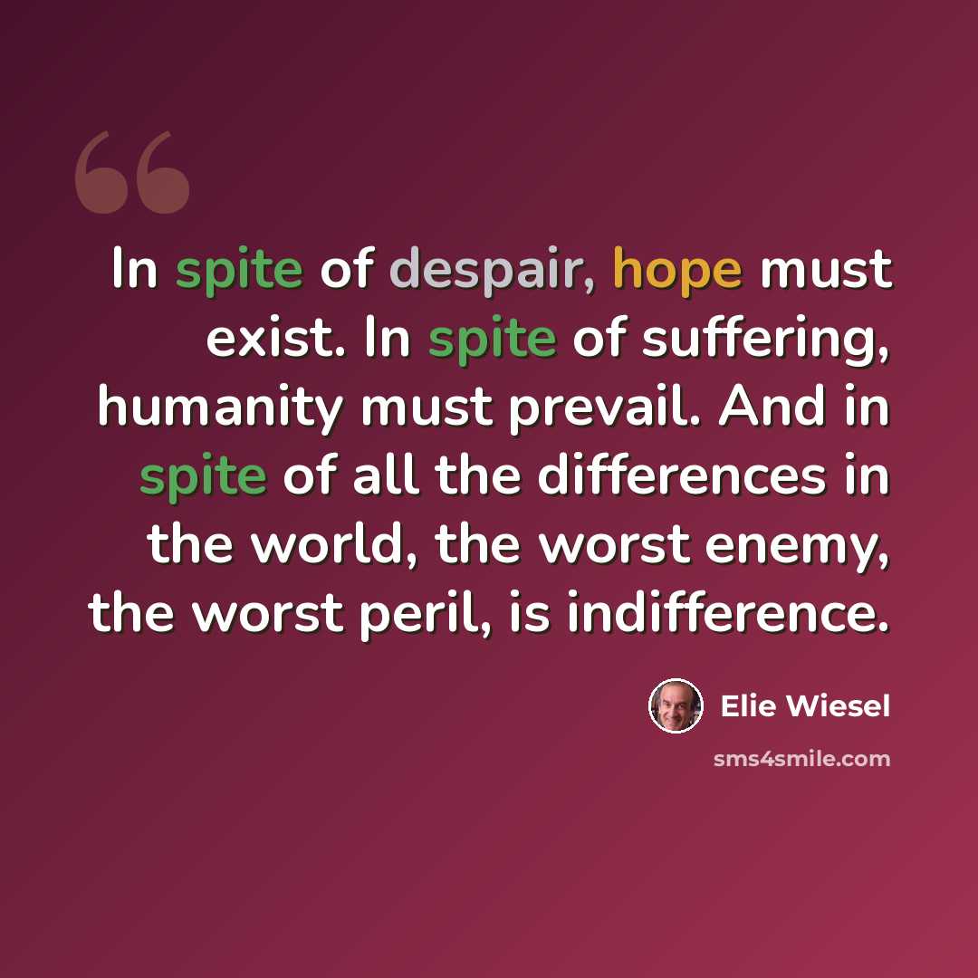 “In spite of despair, hope must exist. In spite of suffering, humanity must prevail. And in spite of all the differences in the world, the worst enemy, the worst peril, is indifference.” quote by Elie Wiesel