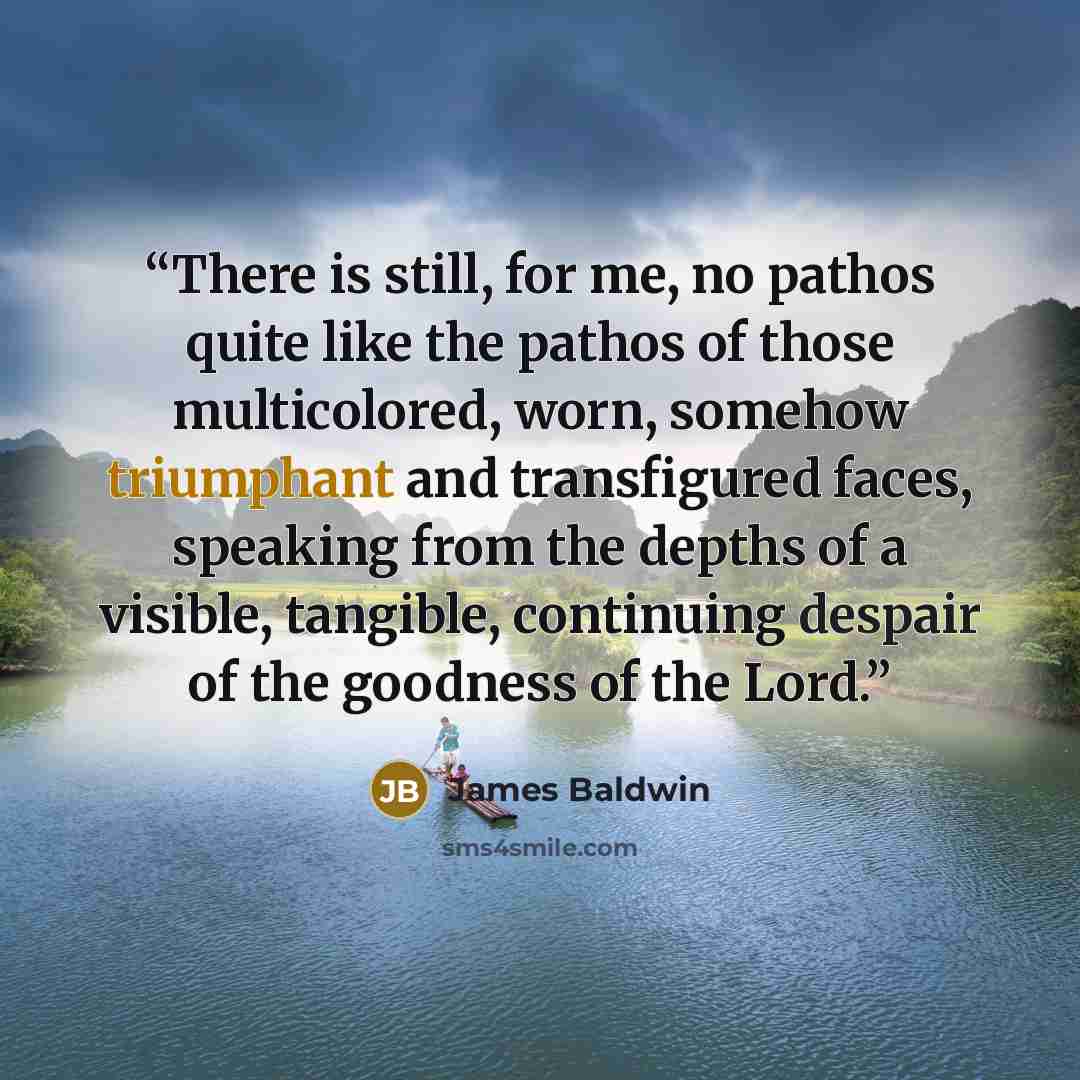 “There is still, for me, no pathos quite like the pathos of those multicolored, worn, somehow triumphant and transfigured faces, speaking from the depths of a visible, tangible, continuing despair of the goodness of the Lord.” quote by James Baldwin