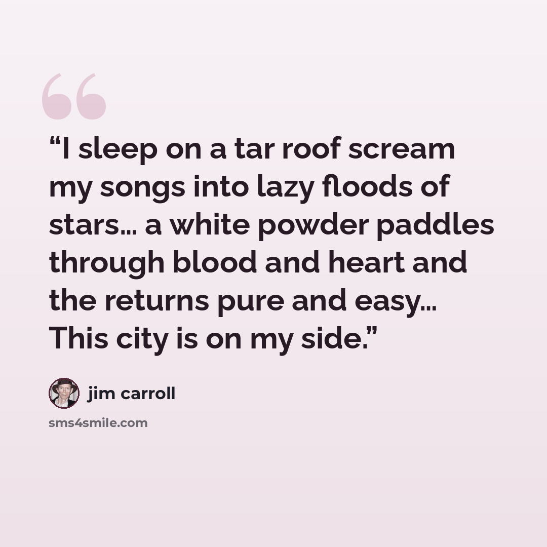 “I sleep on a tar roof scream my songs into lazy floods of stars… a white powder paddles through blood and heart and the returns pure and easy… This city is on my side.” quote by Jim Carroll