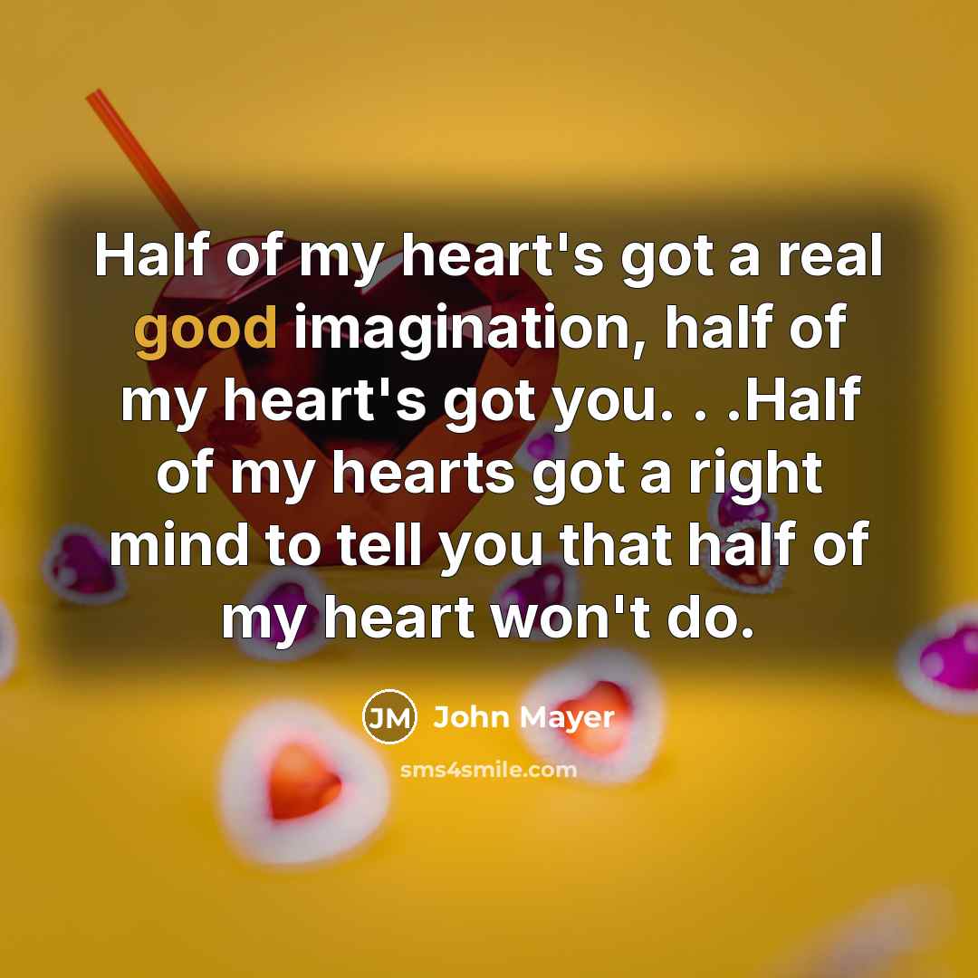 “Half of my heart's got a real good imagination, half of my heart's got you. . .Half of my hearts got a right mind to tell you that half of my heart won't do.” quote by John Mayer