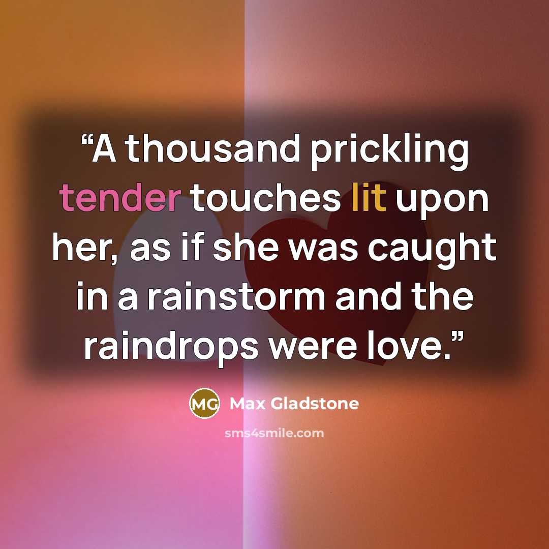 “A thousand prickling tender touches lit upon her, as if she was caught in a rainstorm and the raindrops were love.” quote by Max Gladstone