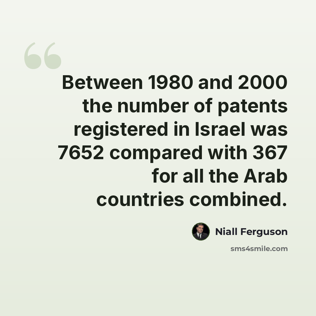“Between 1980 and 2000 the number of patents registered in Israel was 7652 compared with 367 for all the Arab countries combined.” quote by Niall Ferguson