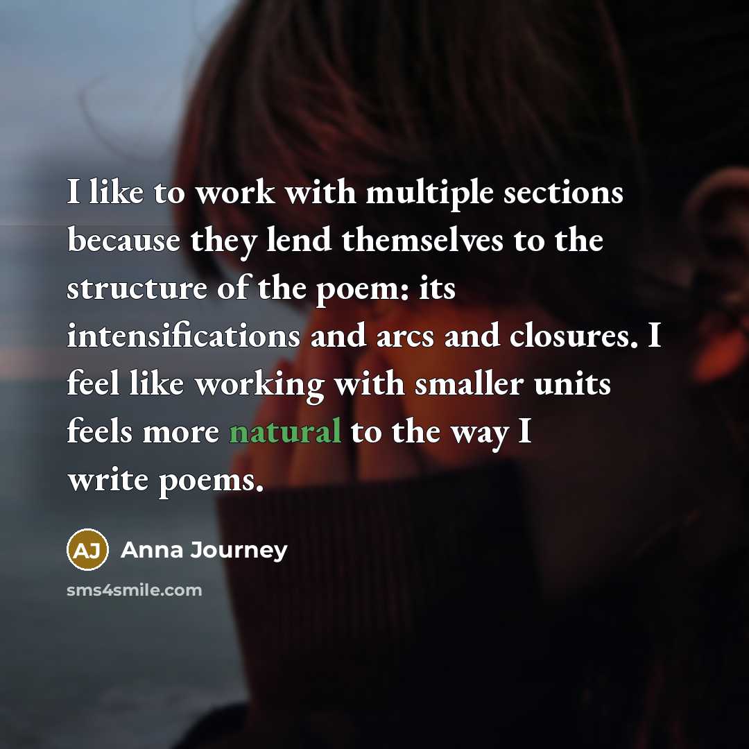 “I like to work with multiple sections because they lend themselves to the structure of the poem: its intensifications and arcs and closures. I feel like working with smaller units feels more natural to the way I write poems.” quote by Anna Journey