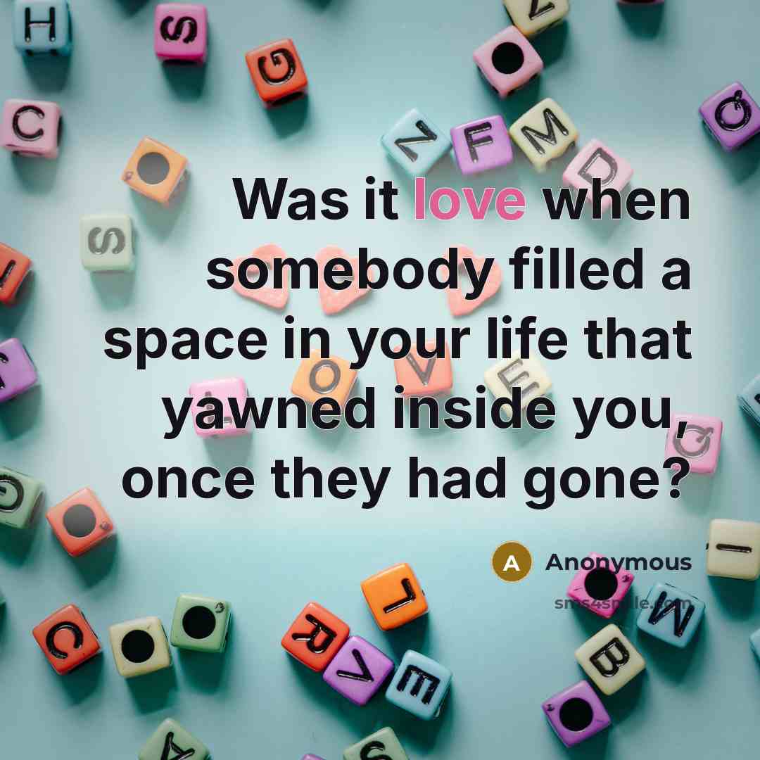 “Was it love when somebody filled a space in your life that yawned inside you, once they had gone?” quote by Anonymous
