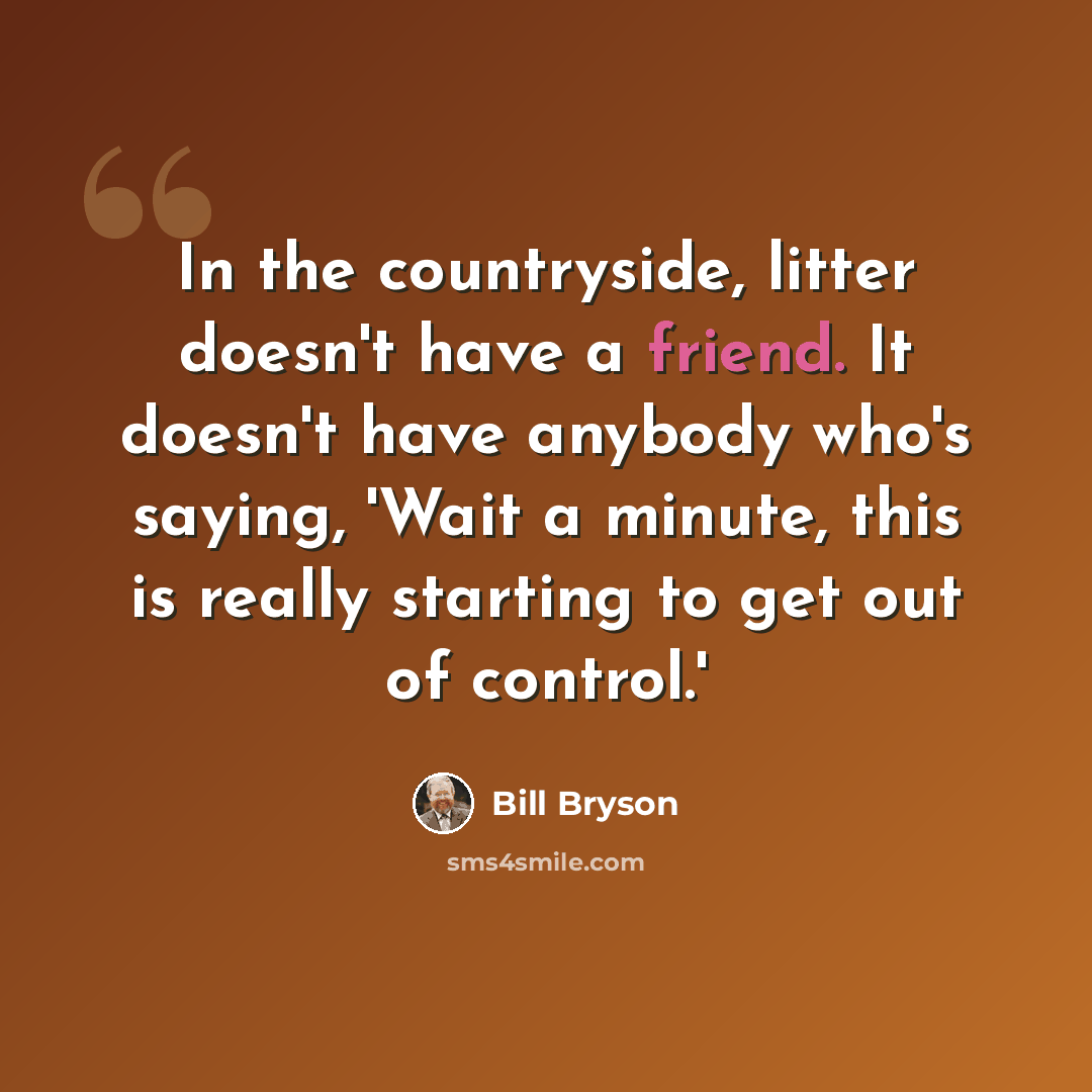 “In the countryside, litter doesn't have a friend. It doesn't have anybody who's saying, 'Wait a minute, this is really starting to get out of control.'” quote by Bill Bryson