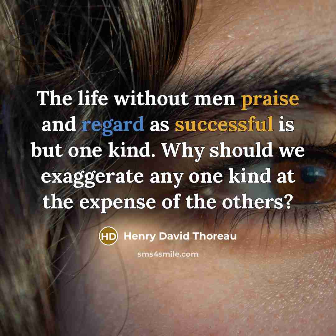 “The life without men praise and regard as successful is but one kind. Why should we exaggerate any one kind at the expense of the others?” quote by Henry David Thoreau