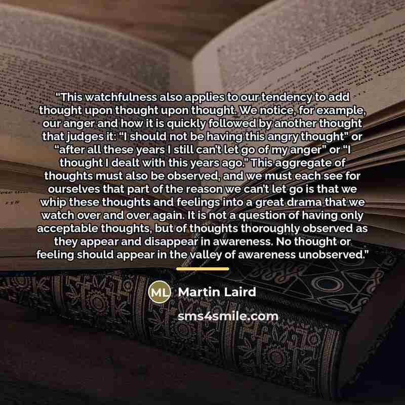 “This watchfulness also applies to our tendency to add thought upon thought upon thought. We notice, for example, our anger and how it is quickly followed by another thought that judges it: “I should not be having this angry thought” or “after all these years I still can’t let go of my anger” or “I…” quote by Martin Laird