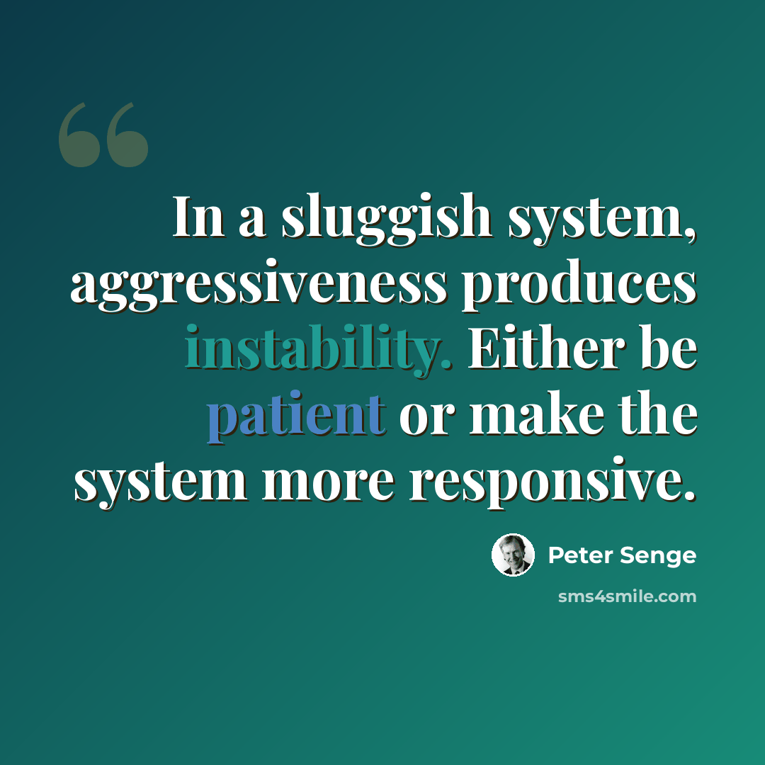 “In a sluggish system, aggressiveness produces instability. Either be patient or make the system more responsive.” quote by Peter Senge
