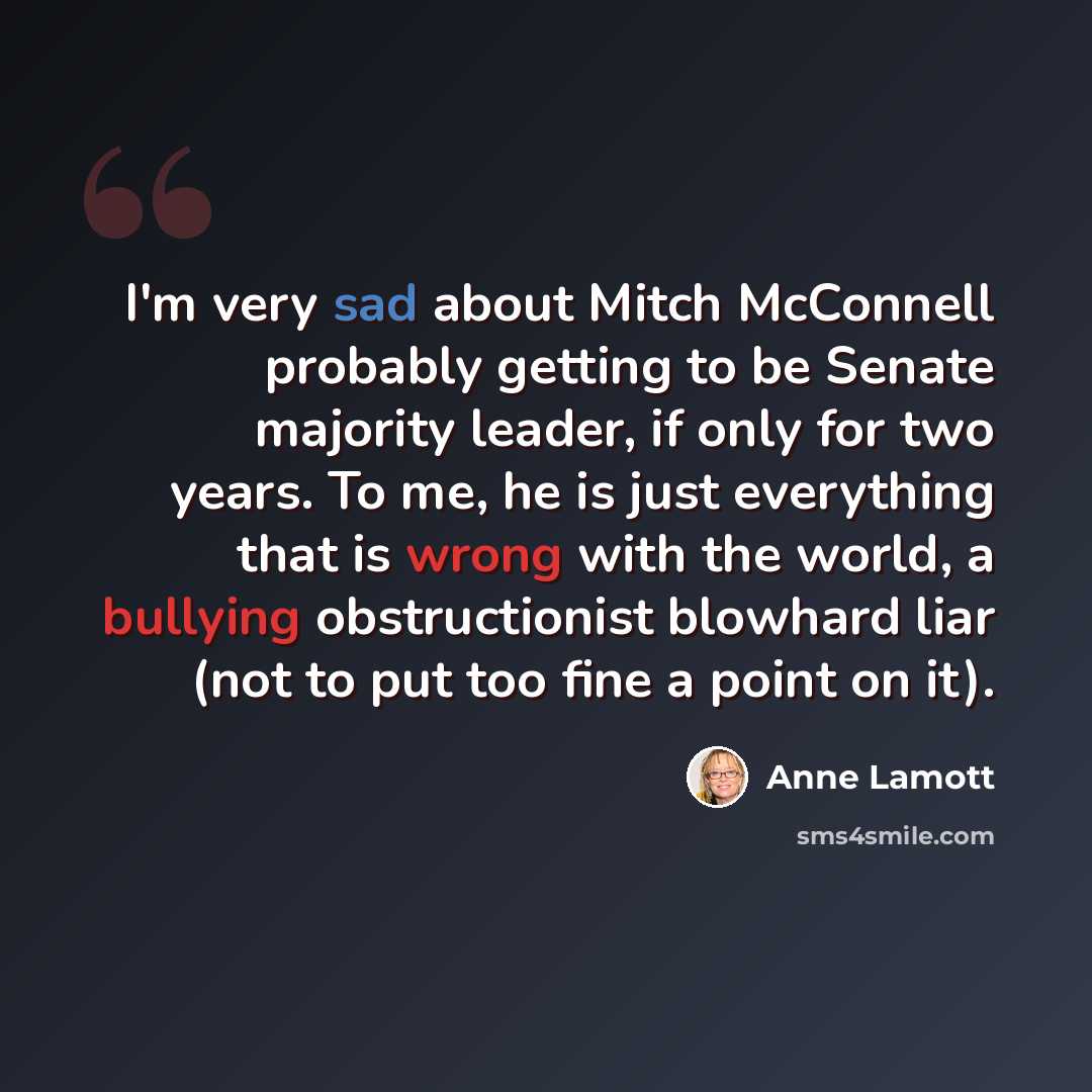 “I'm very sad about Mitch McConnell probably getting to be Senate majority leader, if only for two years. To me, he is just everything that is wrong with the world, a bullying obstructionist blowhard liar (not to put too fine a point on it).” quote by Anne Lamott