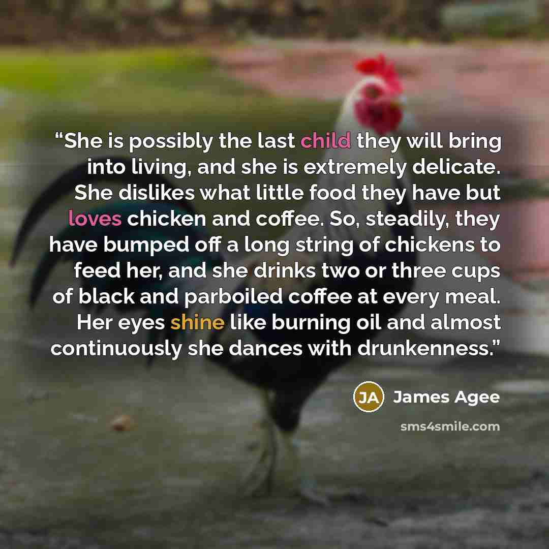 “She is possibly the last child they will bring into living, and she is extremely delicate. She dislikes what little food they have but loves chicken and coffee. So, steadily, they have bumped off a long string of chickens to feed her, and she drinks two or three cups of black and parboiled coffee…” quote by James Agee