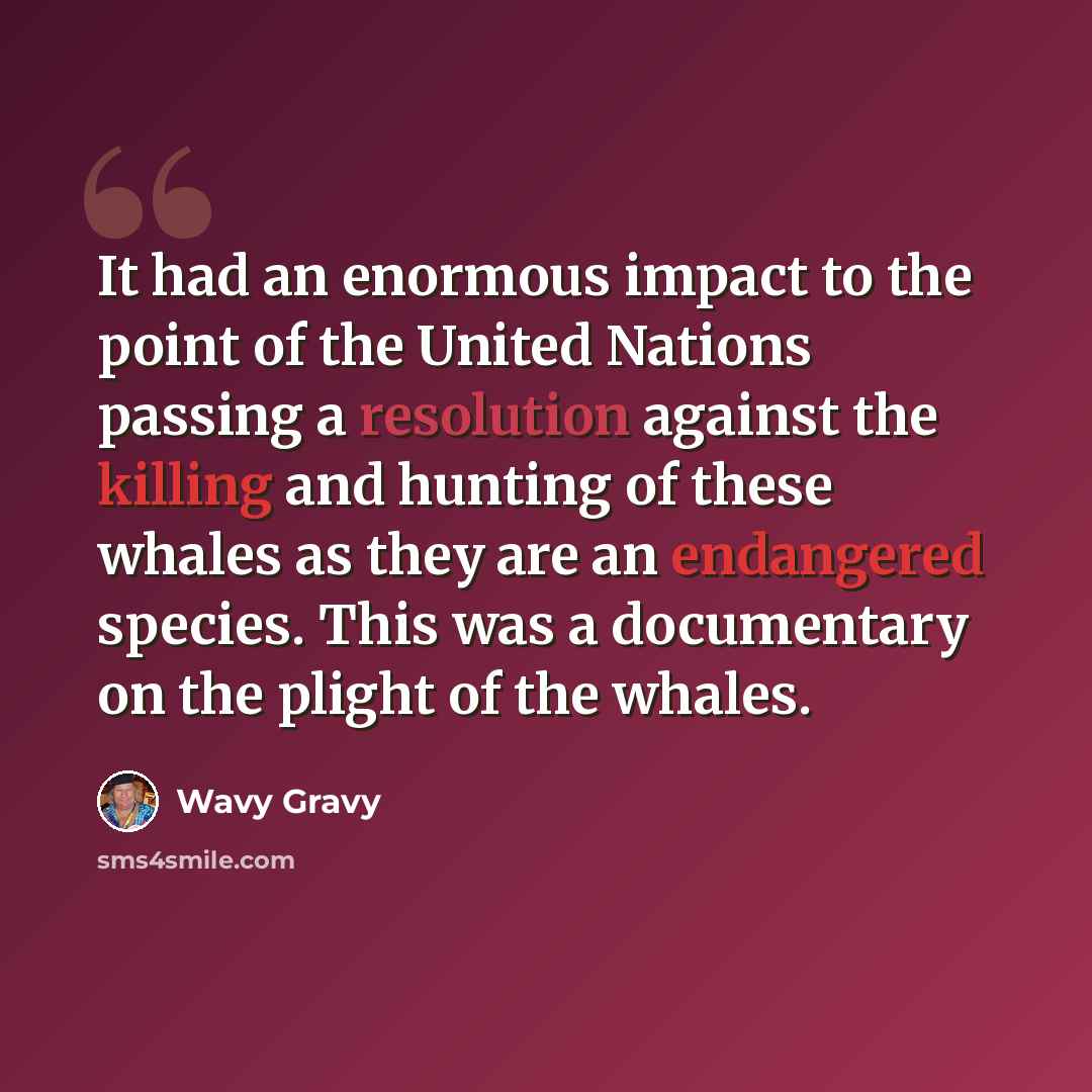 “It had an enormous impact to the point of the United Nations passing a resolution against the killing and hunting of these whales as they are an endangered species. This was a documentary on the plight of the whales.” quote by Wavy Gravy