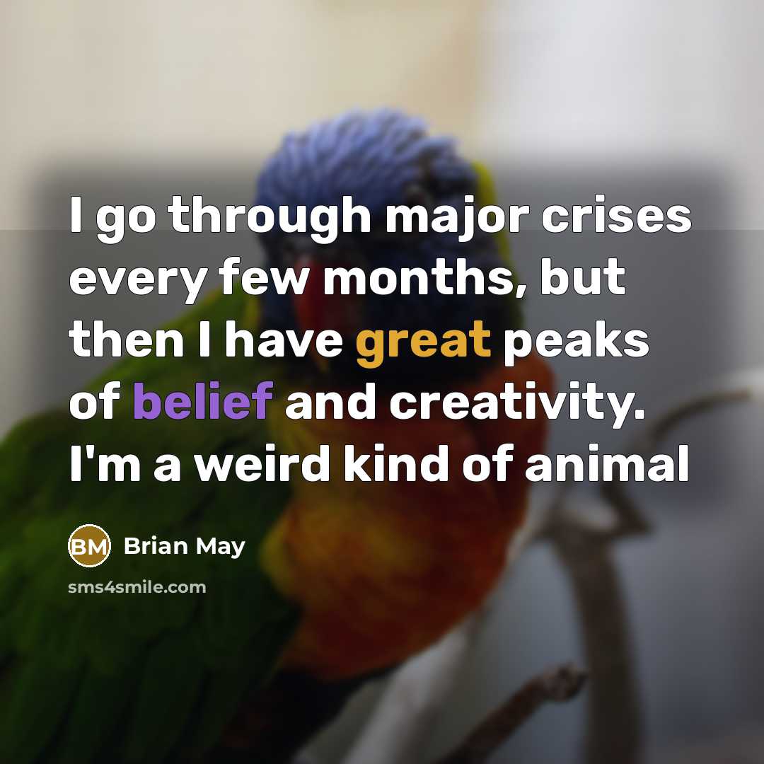 “I go through major crises every few months, but then I have great peaks of belief and creativity. I'm a weird kind of animal” quote by Brian May