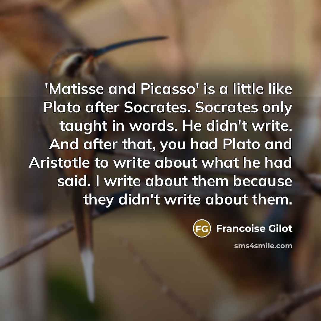 “'Matisse and Picasso' is a little like Plato after Socrates. Socrates only taught in words. He didn't write. And after that, you had Plato and Aristotle to write about what he had said. I write about them because they didn't write about them.” quote by Francoise Gilot