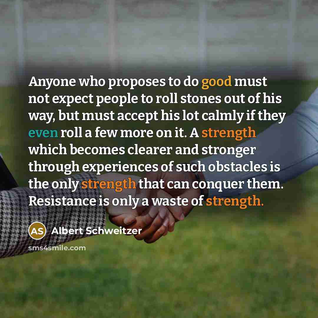 “Anyone who proposes to do good must not expect people to roll stones out of his way, but must accept his lot calmly if they even roll a few more on it. A strength which becomes clearer and stronger through experiences of such obstacles is the only strength that can conquer them. Resistance is only…” quote by Albert Schweitzer