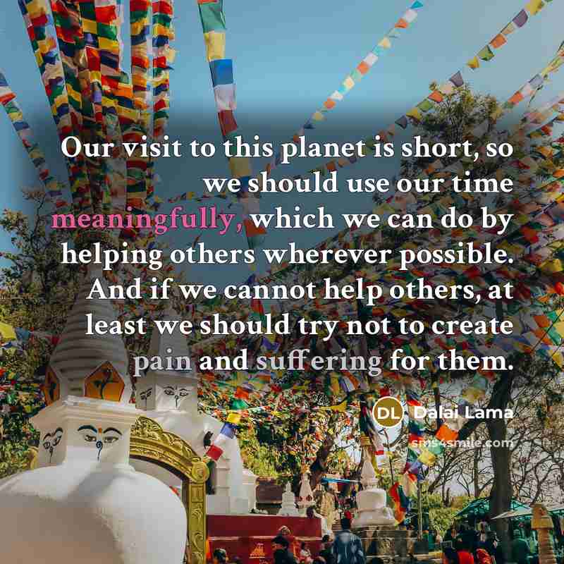 “Our visit to this planet is short, so we should use our time meaningfully, which we can do by helping others wherever possible. And if we cannot help others, at least we should try not to create pain and suffering for them.” quote by Dalai Lama