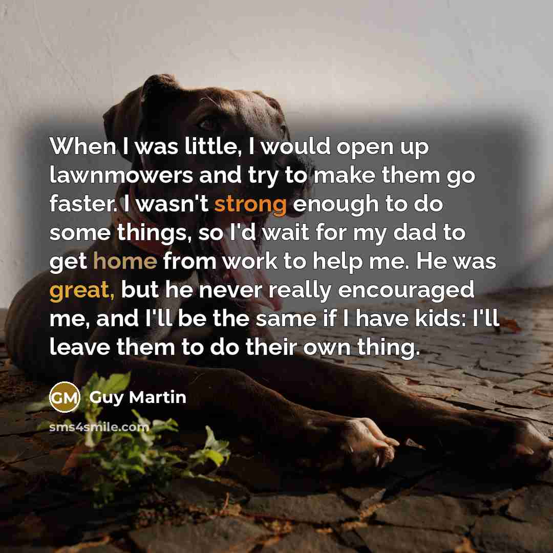 “When I was little, I would open up lawnmowers and try to make them go faster. I wasn't strong enough to do some things, so I'd wait for my dad to get home from work to help me. He was great, but he never really encouraged me, and I'll be the same if I have kids: I'll leave them to do their own…” quote by Guy Martin