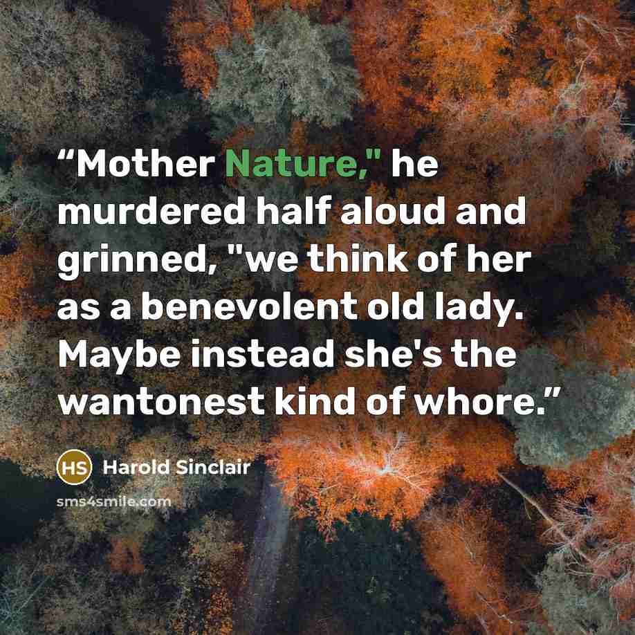 “Mother Nature," he murdered half aloud and grinned, "we think of her as a benevolent old lady. Maybe instead she's the wantonest kind of whore.” quote by Harold Sinclair